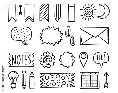 Planner stickers for notes, labels, pencils and stars, line art outline contour, monochrome, hand drawn
