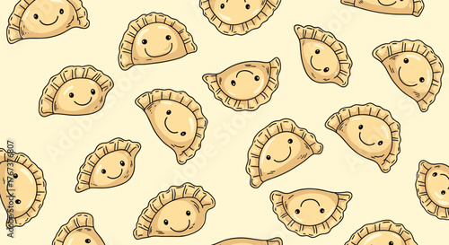 Cute cartoon dumplings with happy faces in a seamless pattern design.