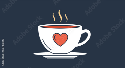 A simple illustration of a white coffee cup with a red heart design on the front, sitting on a saucer, with steam rising.