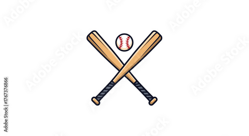Two crossed baseball bats with a baseball on a white background.