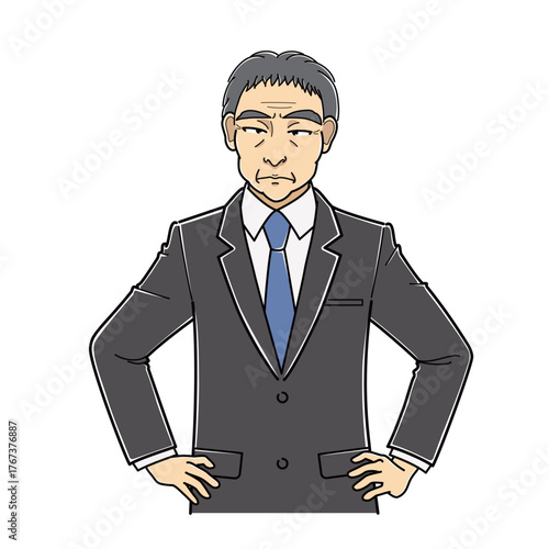 軽蔑するような表情で腰に手をあてているスーツの中年男性・上半身