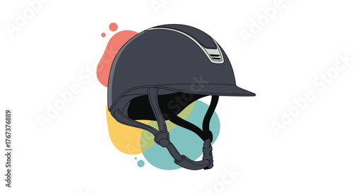Illustration of a dark grey riding helmet with a visor and chin straps, set against colorful abstract shapes.