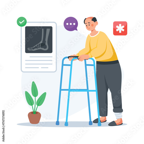 Flat illustration of elderly man using walker for medical rehabilitation