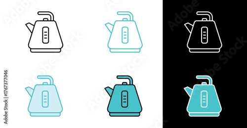 Electric kettle icon for kitchen appliance and water boiling in line and fill style