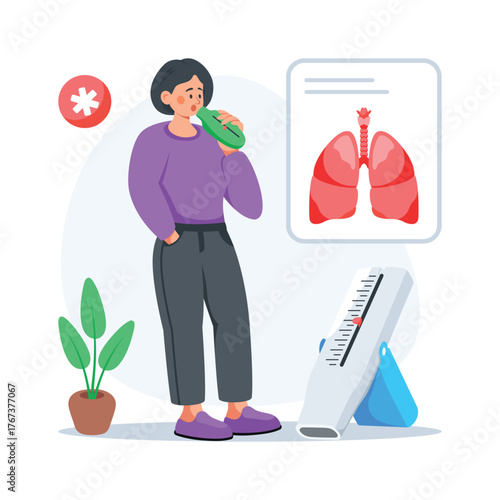 Illustration of a woman using spirometer for lungs health and breathing test