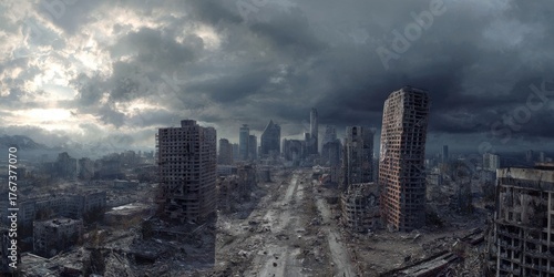 Fototapeta Naklejka Na Ścianę i Meble -  A High Resolution image of apocalyptic cityscape with destroyed buildings under a stormy sky.