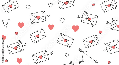 Seamless pattern of love letters with hearts and cupid's arrows for Valentine's Day.