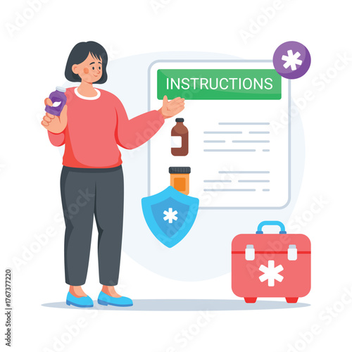 Patient reading medication instructions and dosage guide, flat illustration