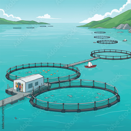 Coastal Fish Farm Illustration with Aquaculture Cages and People