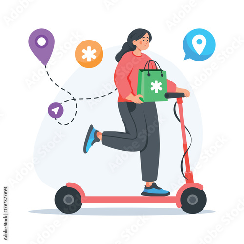 Illustration of woman delivering medicines via scooter, ready to use flat vector