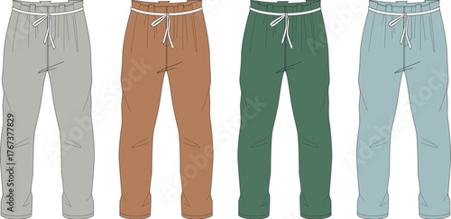 Set of four different colored jogger pants, displayed against a white background