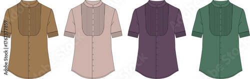 Collection of colorful men's longline shirts with a tuxedo-style pleated bib and band collar. Vector illustration set for fashion design and apparel