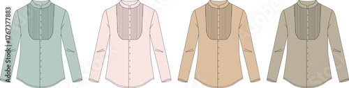 A collection of elegant women's long-sleeve blouses with a ruffled bib front and high collar, presented in a palette of four classic colorways. Fashion flat illustration set