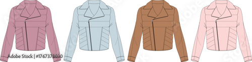 Collection of women's biker moto jackets in various colors. Fashion flat technical sketch, vector illustration set for apparel design and clothing mockups