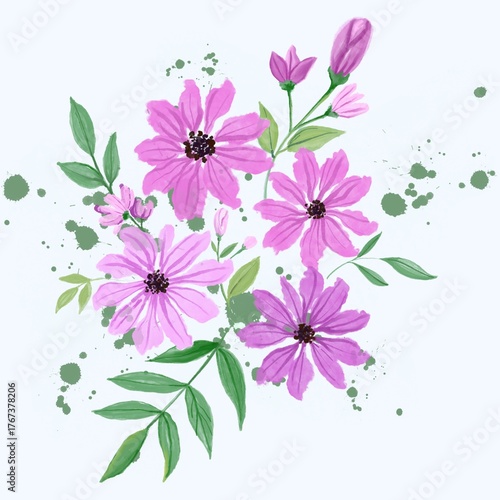  Watercolor painting of a beautiful bouquet of flowers decorated with green leaves for card, print, wallpaper.