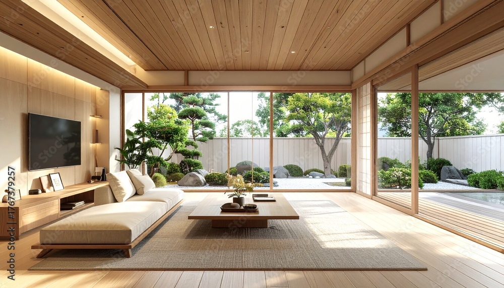 Obraz premium 和モダンテイストの新築住宅のリビングルーム