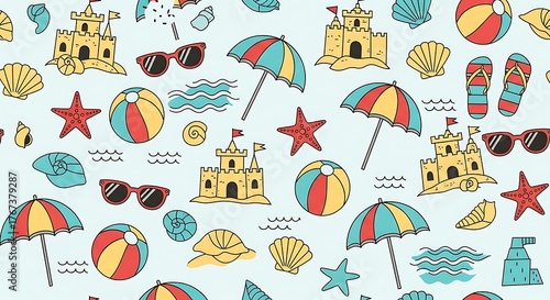 Summer Beach Pattern with Sandcastles, Umbrellas, and Beach Balls.