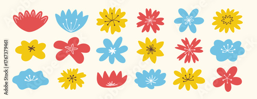 Naive hand drawn colorful flower elements in flat whimsical style for decoration and design
