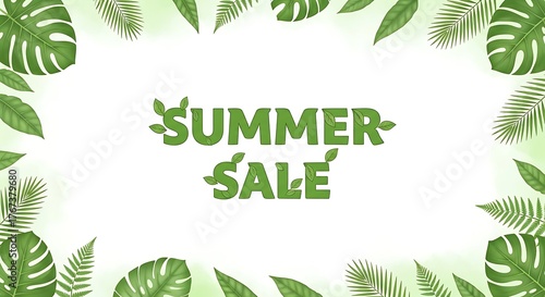 Summer Sale Promotion with Tropical Leaves Frame for Advertising.