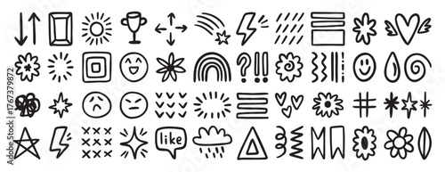 Random hand drawn doodle icons set with smiley faces, stars, flowers, arrows and symbols