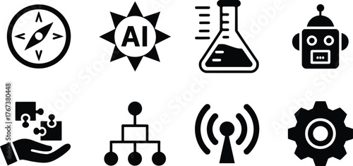 AI Compass Flask Robot Puzzle Network Wi-Fi Icons Featuring Futuristic Technology, Artificial Intelligence, Digital Innovation, and Connectivity Concepts