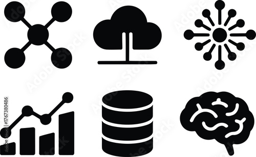 Machine Learning Data Cloud Network Brain Analytics Icons Featuring Artificial Intelligence, Digital Technology, and Futuristic Systems