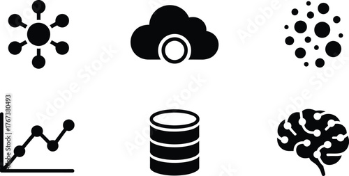 AI Technology Machine Learning Network Cloud Data Storage Analytics Brain Icons Featuring Digital Innovation, Futuristic Technology, and Smart Systems