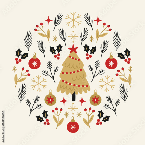 Christmas greeting card with fir tree, snowflakes, branches, berries, balls, stars on white background. Circle ornament. Perfect for seasonal decorations. Vector hand drawn illustration
