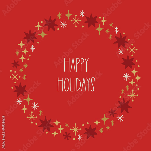 Christmas greeting card with stars and snowflakes on red background. Perfect for seasonal decorations. Happy holidays. Hand drawn frame, wreath