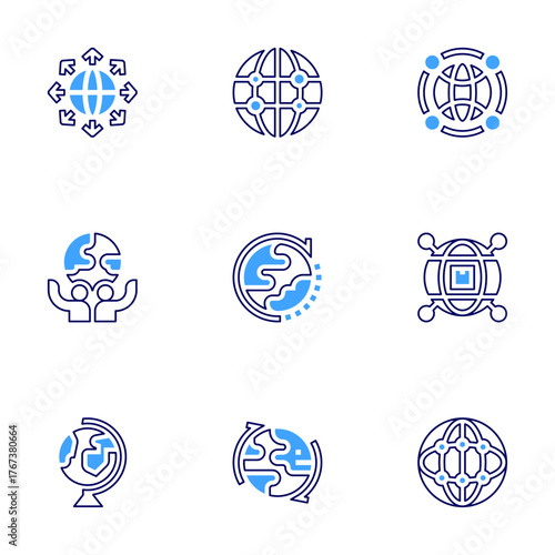 Global icon set. Bold line style. Duotone colors. Editable stroke. expansion, internet, global, globe, geography, global shipping, global network