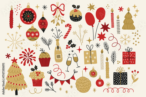Christmas set - ball, cupcake, fir tree, champagne, garland, gift, candle, snowflake, star, berry on white background. Perfect for greeting cards, winter decorations. Vector hand drawn illustration