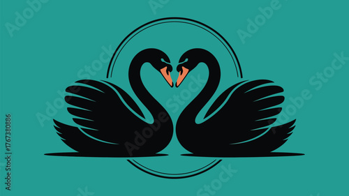 Elegant black swan pair forming heart shape in modern teal design for romantic branding, sophisticated logo or upscale wedding invitation designs