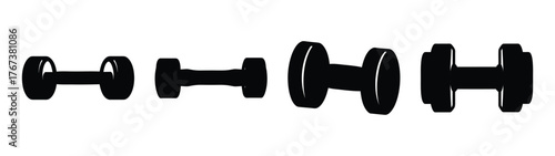 Four black dumbbells in graduating sizes ready for workout