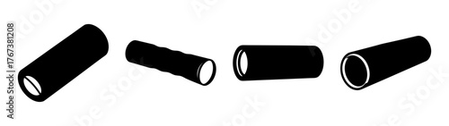 Four diverse black cylindrical objects with open ends on