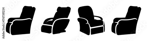 Four views of a black massage recliner chair for relaxation and comfort