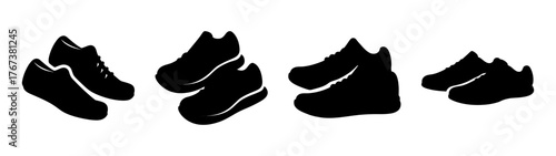 Collection of four pairs of black running shoes athletic footwear variety sports apparel