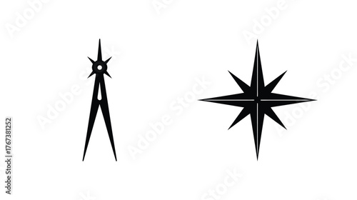 Two nautical navigation symbols compass rose and directional starburst icon isolated