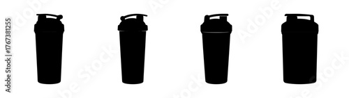 Four black protein shaker bottles on a for fitness and nutrition