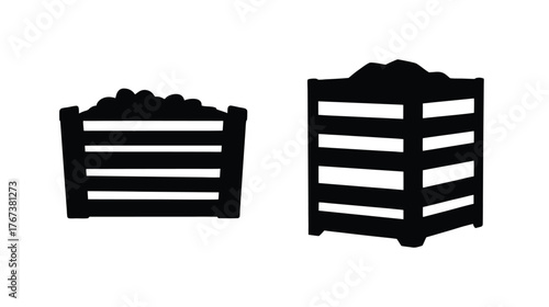 Two black silhouette compost bins filled with organic material for garden waste