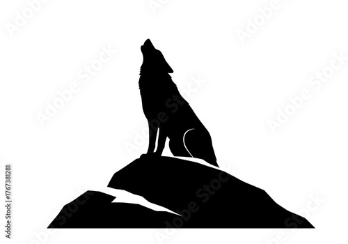 Powerful black silhouette of a wild wolf howling at the moon atop a rugged rock, symbolizing freedom, wilderness, and primal calls in a striking vector illustration