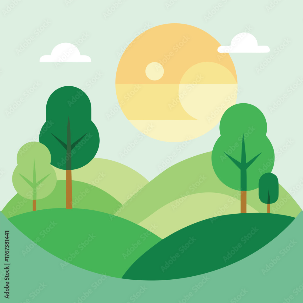 Fototapeta premium Sunny Green Hills Landscape with Trees and Blue Sky