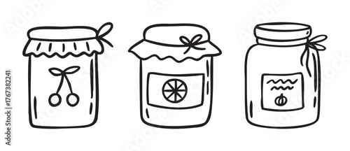 Cozy autumn doodle three jam jars orange cherry pumpkin rustic, line art monochrome hand drawn outline