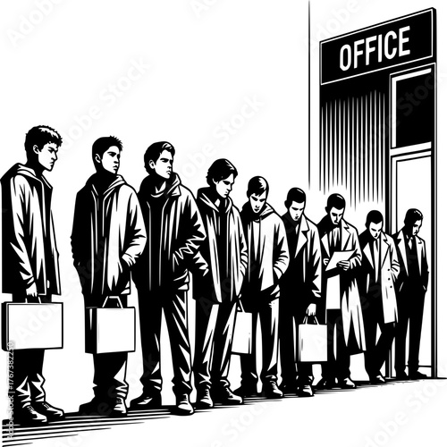 Line of Anticipation: A line of diverse individuals, each with their briefcases, patiently awaits at the office, reflecting the essence of anticipation and the quest for new opportunities.