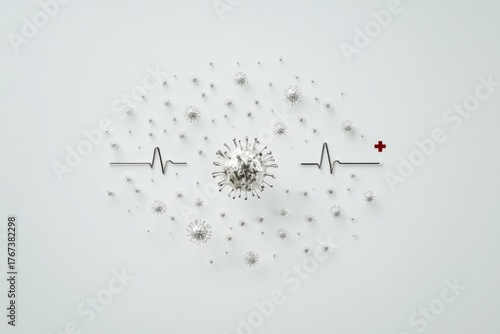 Intricate representation of digital health monitoring illustrated with 3D virus models and vital signs symbolizing the intersection of medical technology and biological awareness