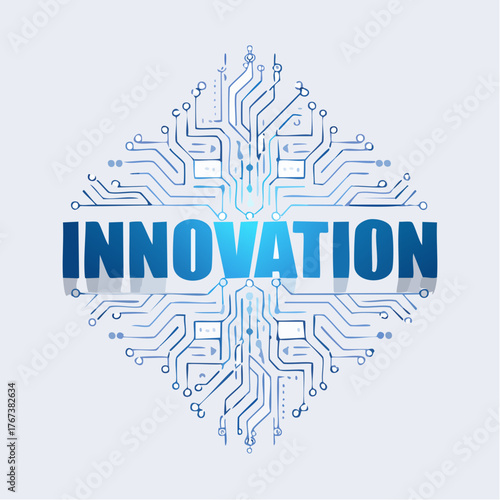The word "Innovation" is intricately woven into a glowing, three-dimensional circuit board design with blue light.