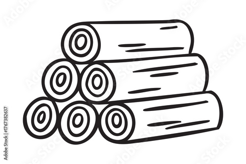 Cozy autumn doodle set with stacked firewood logs pyramid, line art monochrome hand drawn outline
