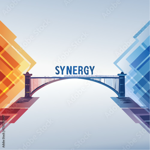 The word "Synergy" appears as the bridge connecting two disparate, glowing abstract geometric shapes.