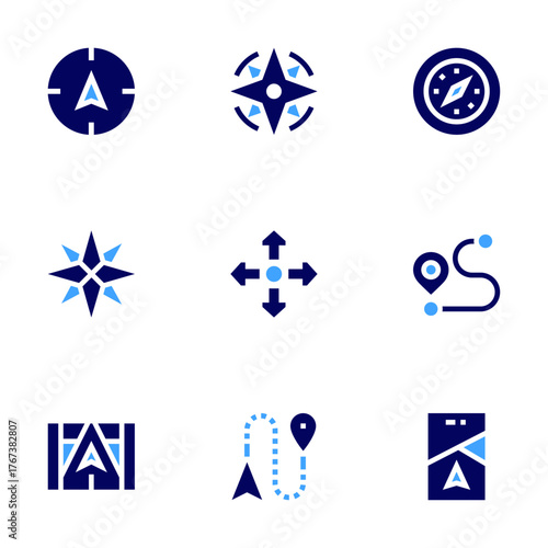 Navigation icon set. Bold style. Duotone colors. compass, navigation, directions, distance, navigator