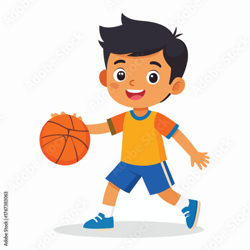 A cheerful young boy dribbles a basketball, ready to play a game.