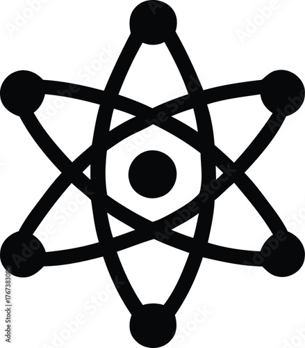Stylized atomic model with orbiting electrons representing quantum physics, scientific research, and technology
